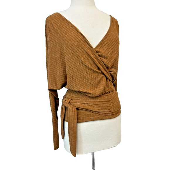 NWT We the Free East Coast Top Ribbed Spice Surplice V-Neck Waist Tie SZ XS - Picture 3 of 16